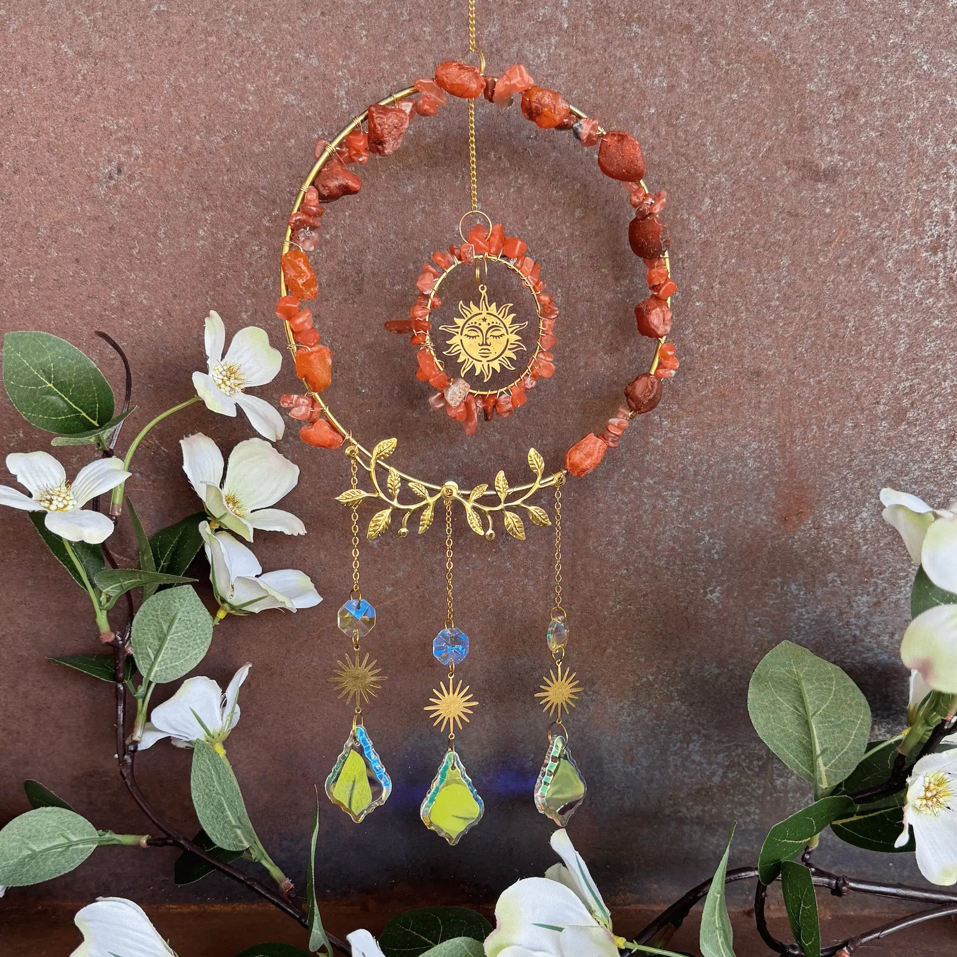 Crystal Gem Sun Catcher with healing crystals for spiritual décor, energy cleansing, positive energy, emotional balance and rainbow light reflections.
