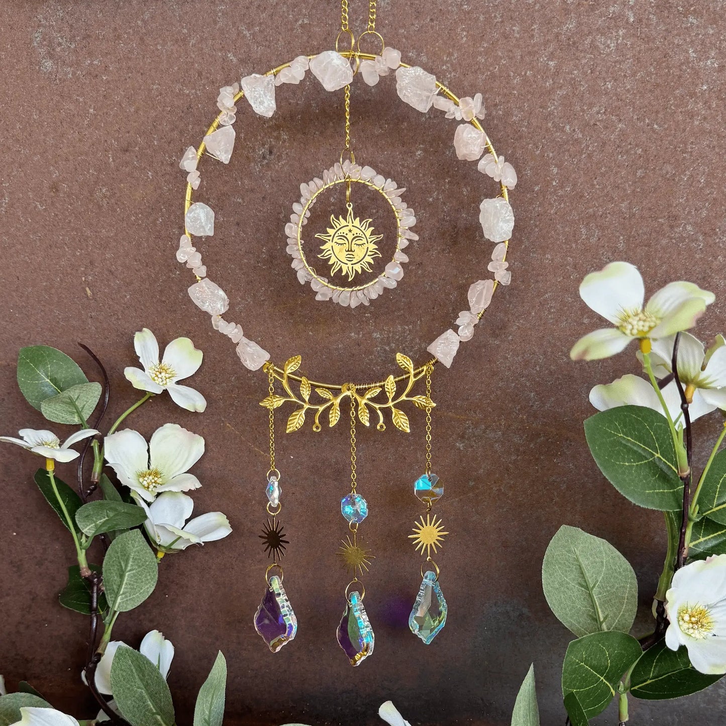 Crystal Gem Sun Catcher with healing crystals for spiritual décor, energy cleansing, positive energy, emotional balance and rainbow light reflections.