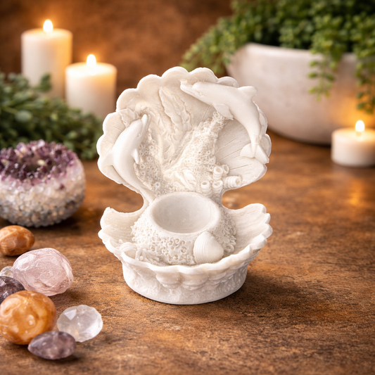 Dolphin shell crystal sphere holder stand for emotional healing intuition balance spiritual gift Australia