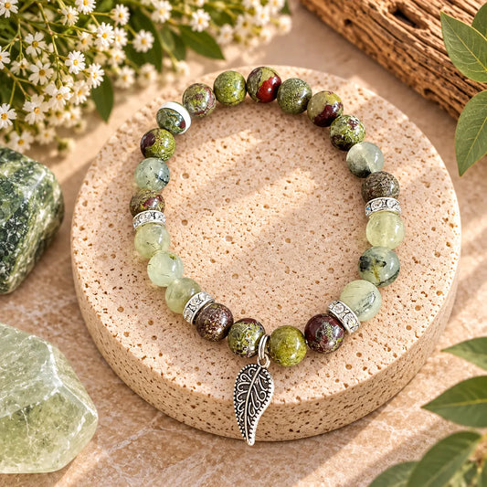Dragon’s Blood Jasper and Prehnite 8mm crystal bracelet with silver leaf charm