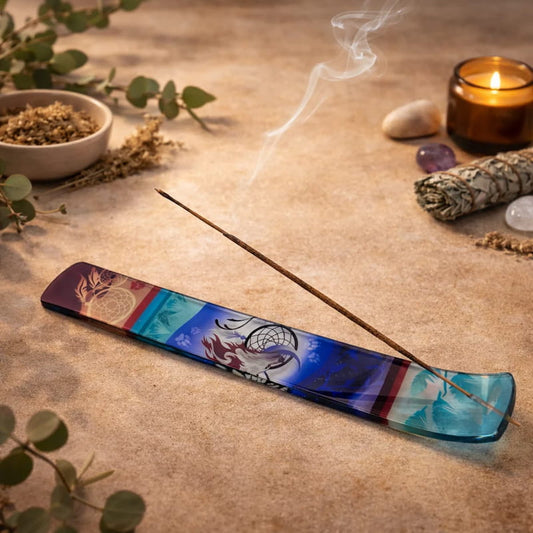 Dream Catcher Wolf printed glass incense holder for meditation, ritual work, energy cleansing, spiritual protection and sacred space décor.