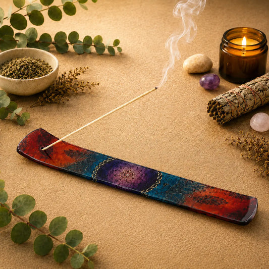 Colourful Dream Feathers glass incense holder with mandala-inspired centre for meditation and spiritual rituals