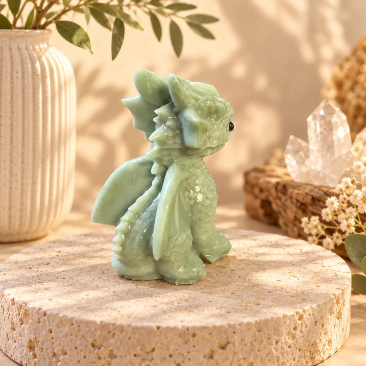 Natural Dushan Jade dragon carving showing green and cream patterning