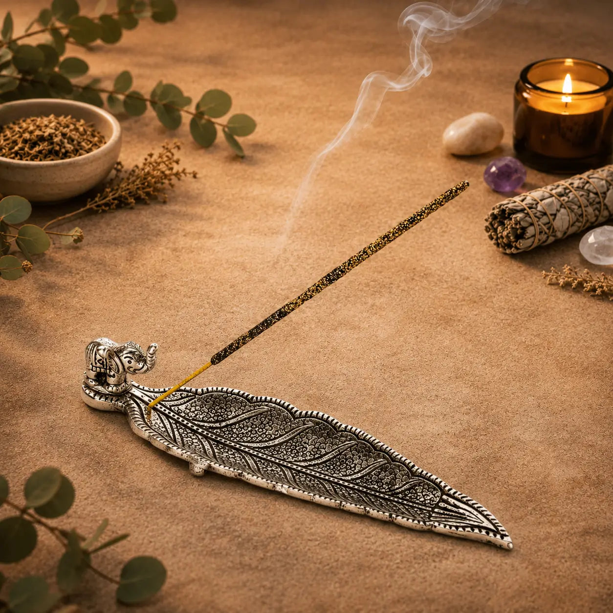 Elephant Leaf Aluminum Incense Burner 14cm