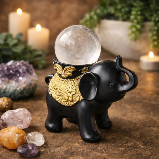 Elephant Sphere Holder with gold trim crystal ball stand for luck, prosperity, abundance, spiritual protection and sacred crystal display.