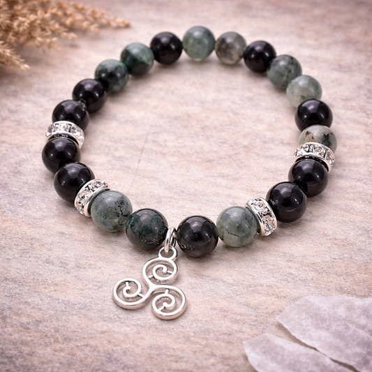 Emerald & Black Tourmaline Bracelet 8mm with Triple Spiral Charm - Emotional Healing, Protection & Spiritual Growth