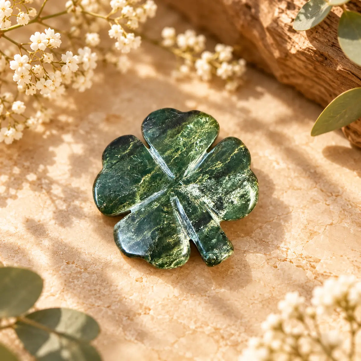 Emerald Crystal Four Leaf Clover Piece 1 – exact polished crystal carving for luck, abundance and prosperity