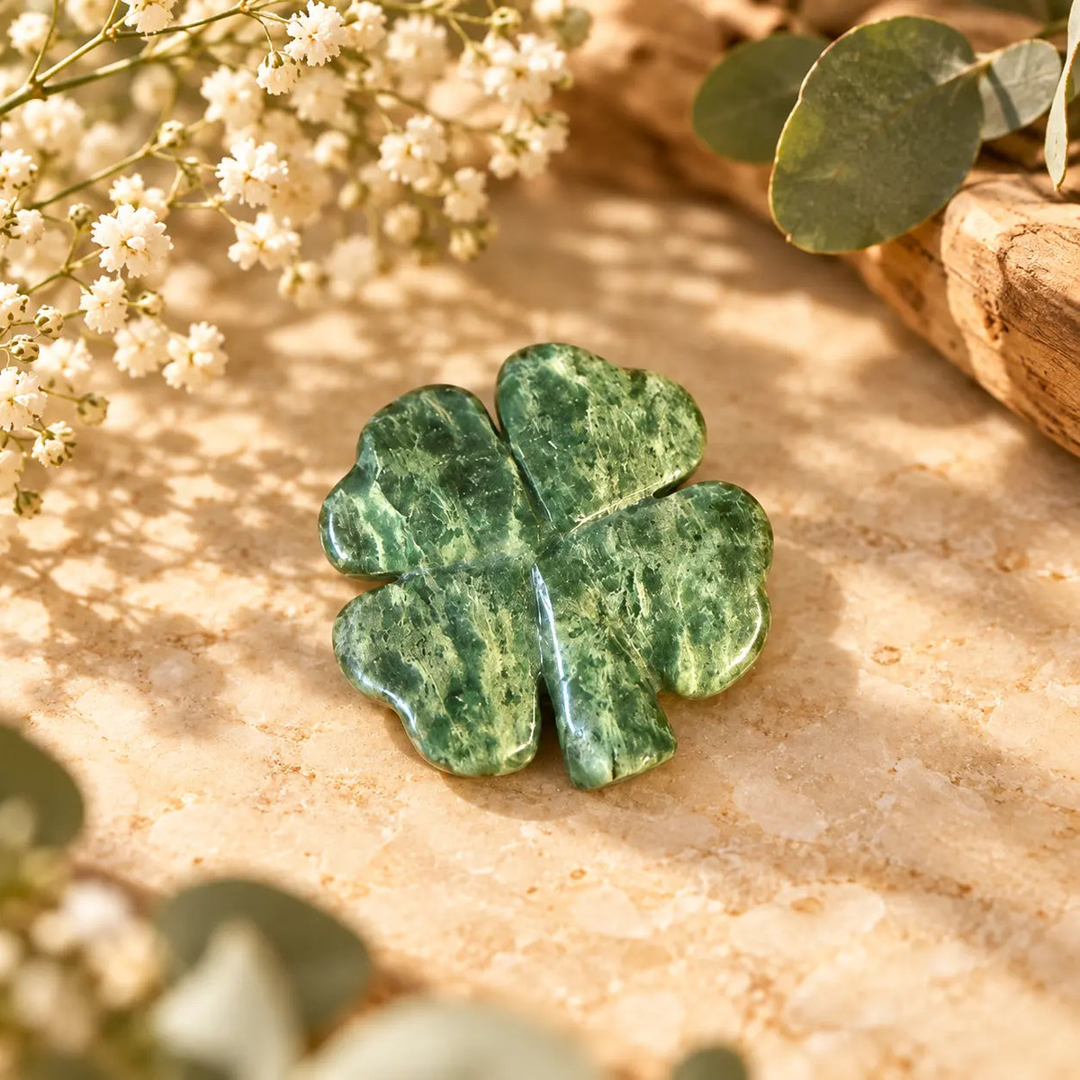 Emerald Crystal Four Leaf Clover Piece 10 – exact polished crystal carving for luck, abundance and prosperity