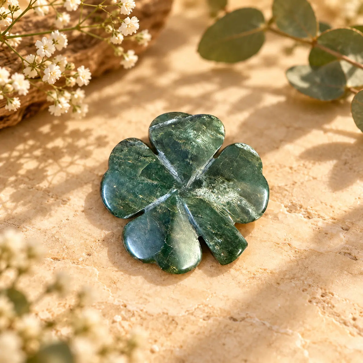 Emerald Crystal Four Leaf Clover Piece 2 – exact polished crystal carving for luck, abundance and prosperity