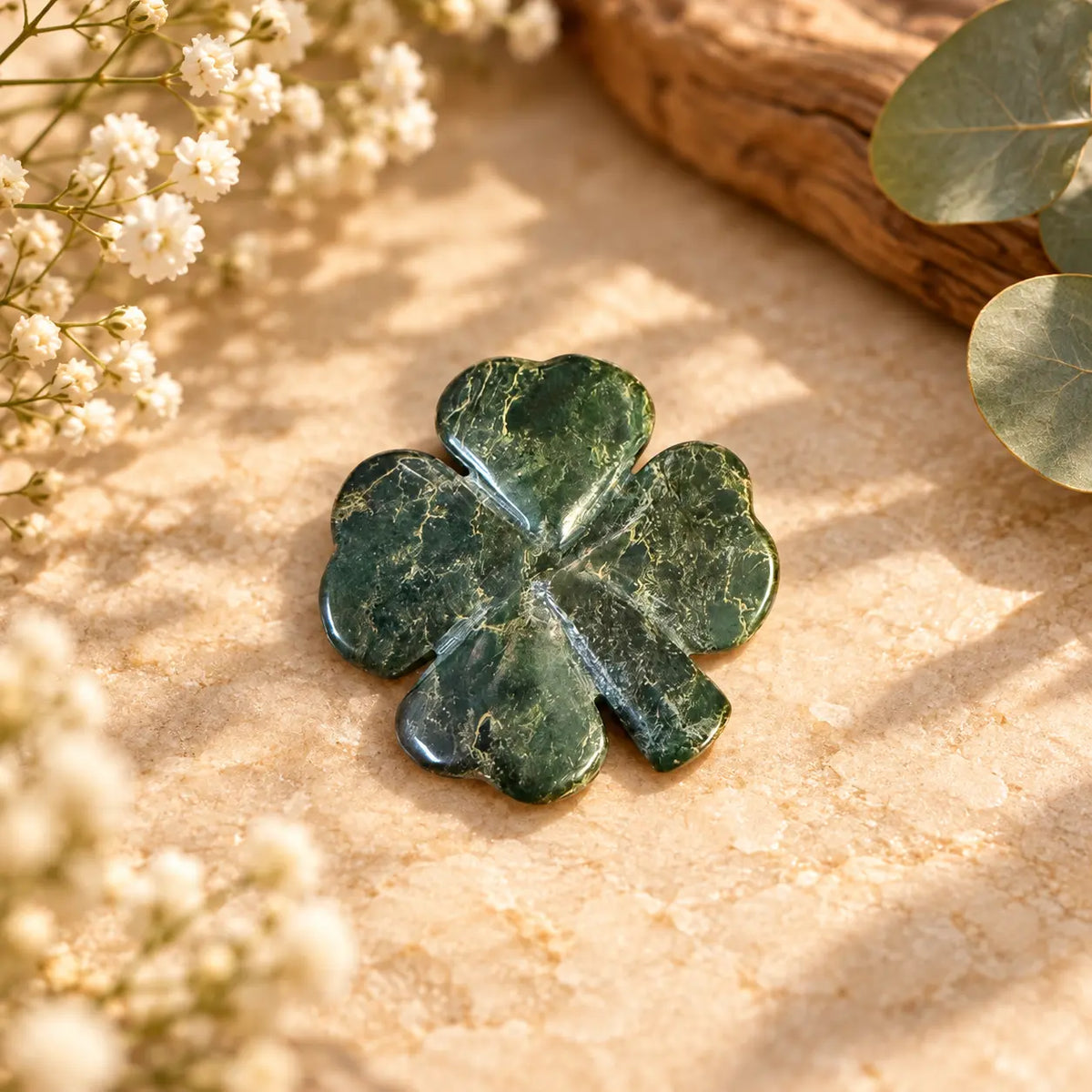 Emerald Crystal Four Leaf Clover Piece 5 – exact polished crystal carving for luck, abundance and prosperity