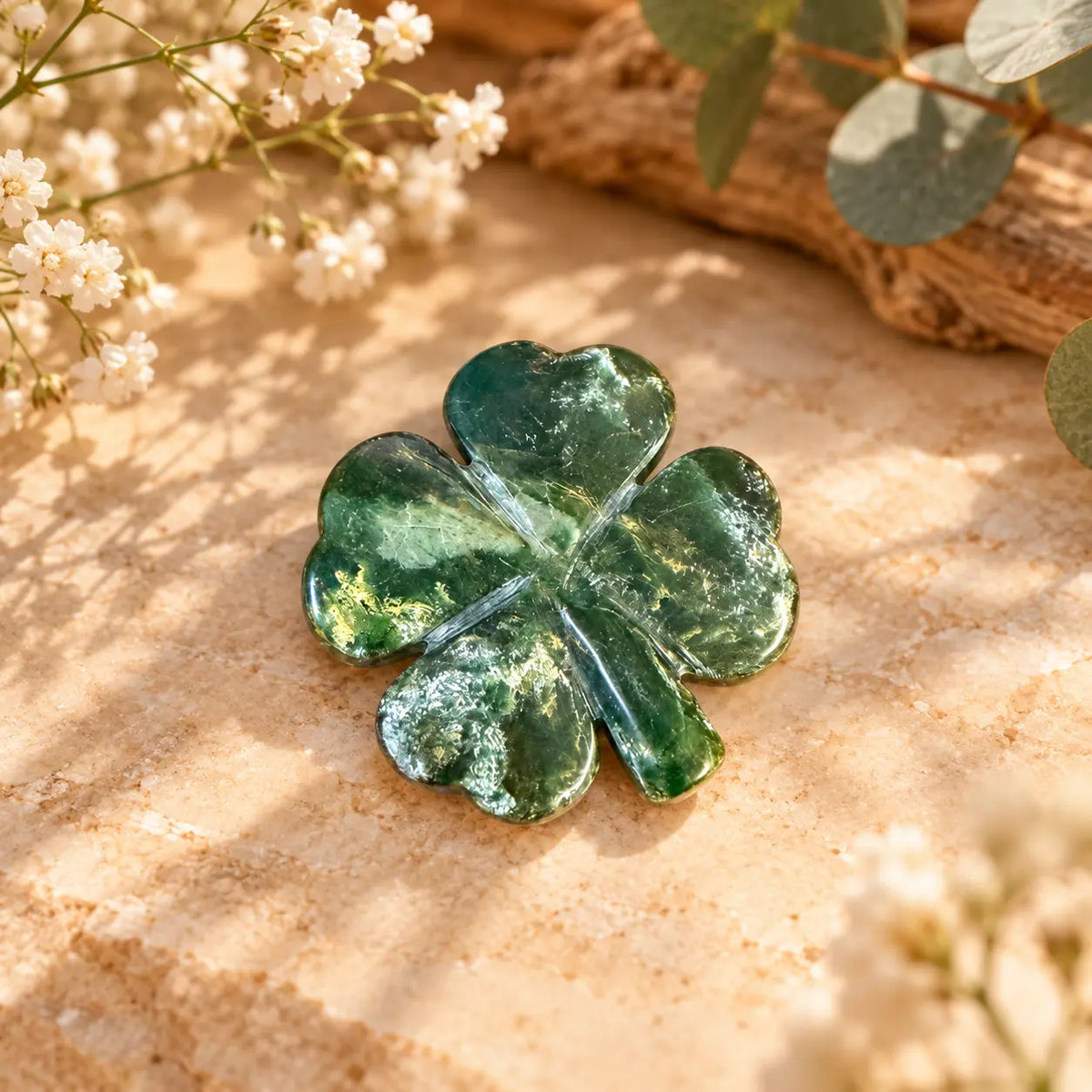 Emerald Crystal Four Leaf Clover Piece 6 – exact polished crystal carving for luck, abundance and prosperity