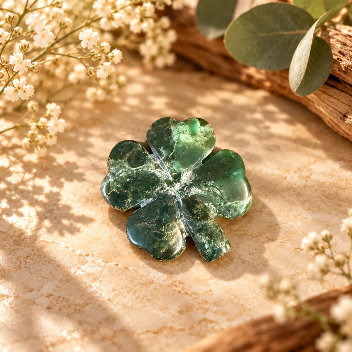 Emerald Crystal Four Leaf Clover Piece 7 – exact polished crystal carving for luck, abundance and prosperity