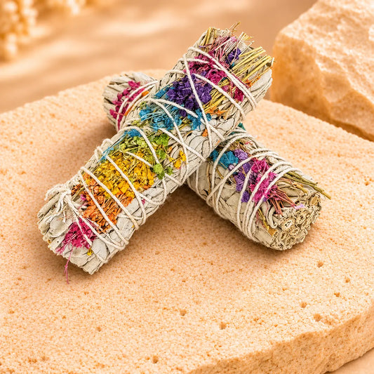 Energy Wheel White Sage Smudge Stick 10cm with chakra-inspired florals
