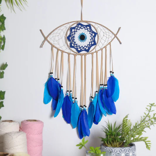 Handmade Macrame Blue Evil Eye Dream Catcher – Spiritual Protection & Healing Decor
