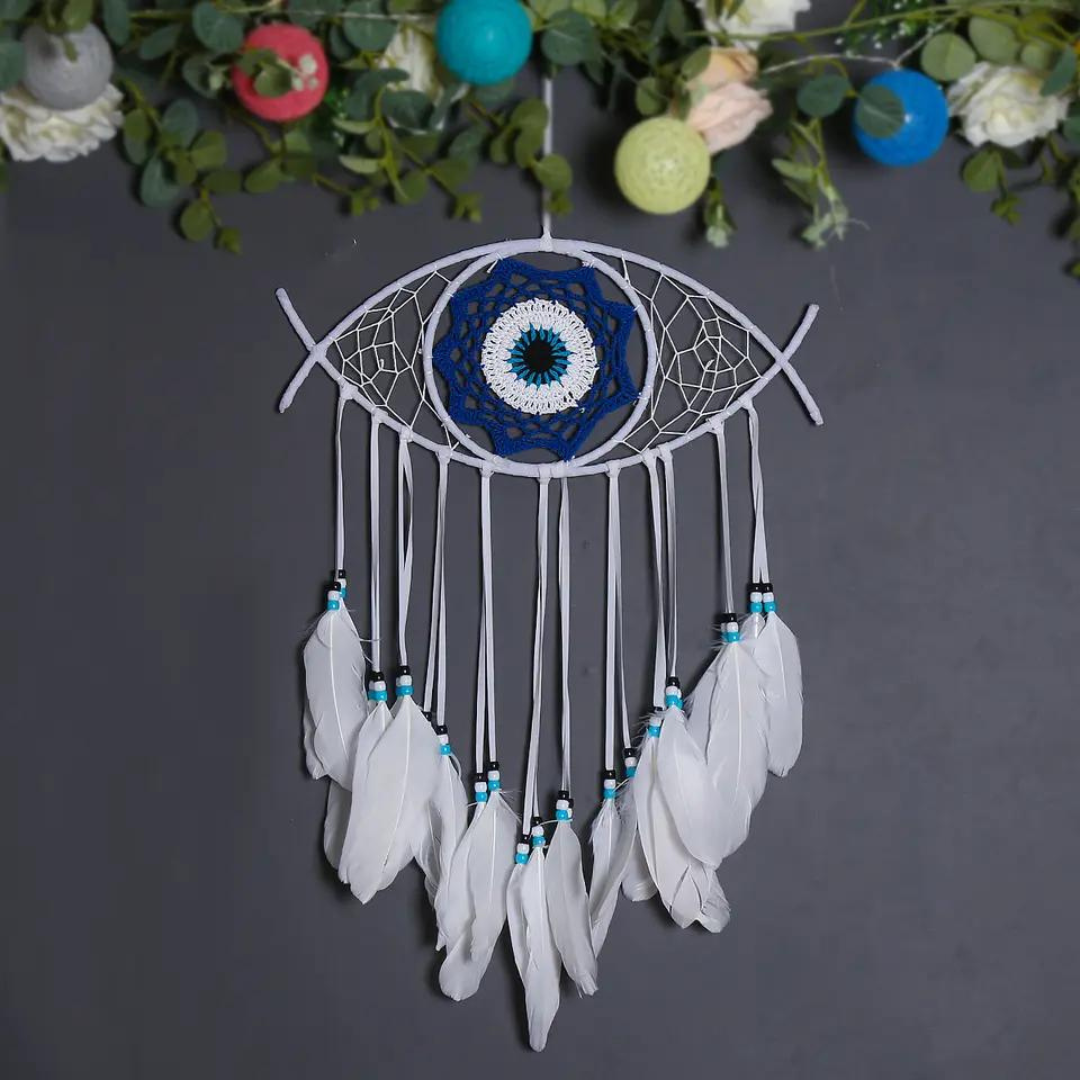 Handmade Macrame Blue Evil Eye Dream Catcher – Spiritual Protection & Healing Decor