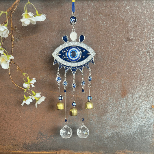 Evil Eye Wind Chime & Crystal Suncatcher Australia for spiritual protection, energy clearing, positive energy, emotional healing, intuition, sound vibration, and sacred home décor.