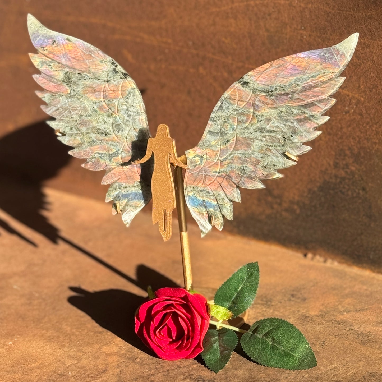 Extra Large Purple Labradorite Crystal Wings on Angel Stand for spiritual protection, intuition, energy balance and divine guidance. A rare crystal ornament and meaningful spiritual gift.