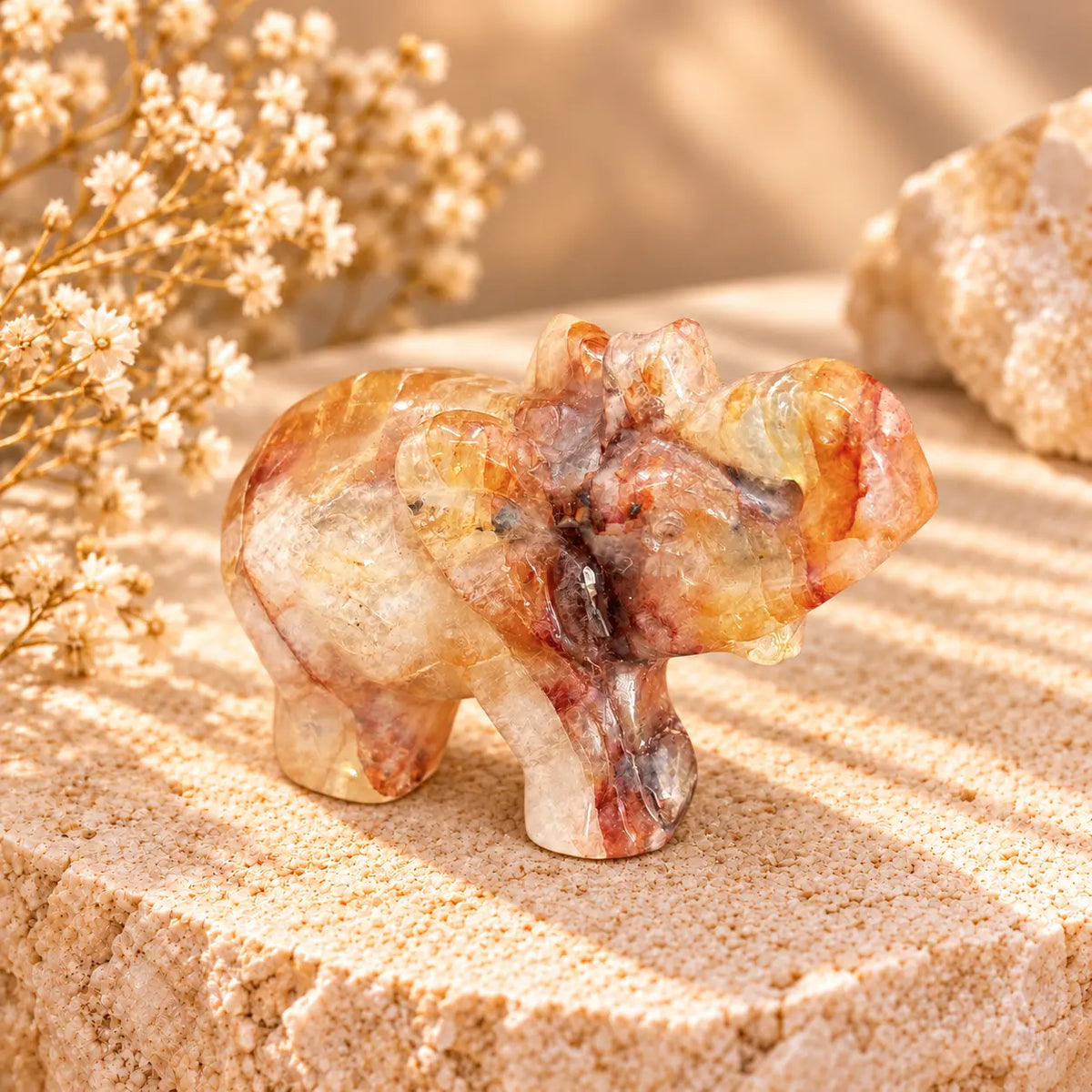 Fire Quartz crystal elephant carving 7cm for grounding, courage, energy and good fortune
