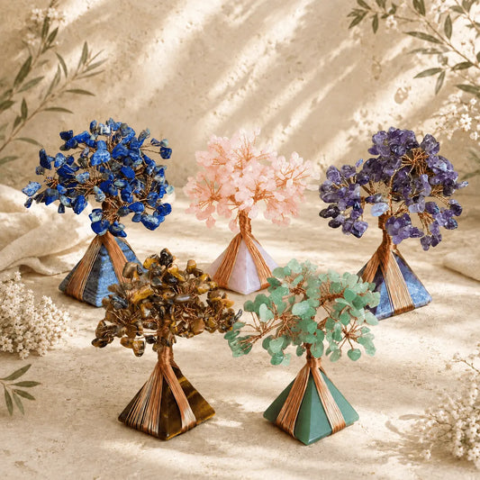 Flowering Crystal Tree Pyramids in five natural gemstone varieties with copper wire branches