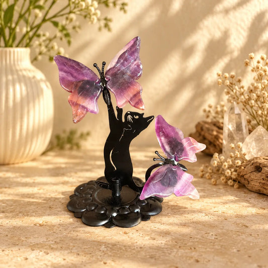Fluorite butterfly crystal sculpture with two butterflies on black cat stand