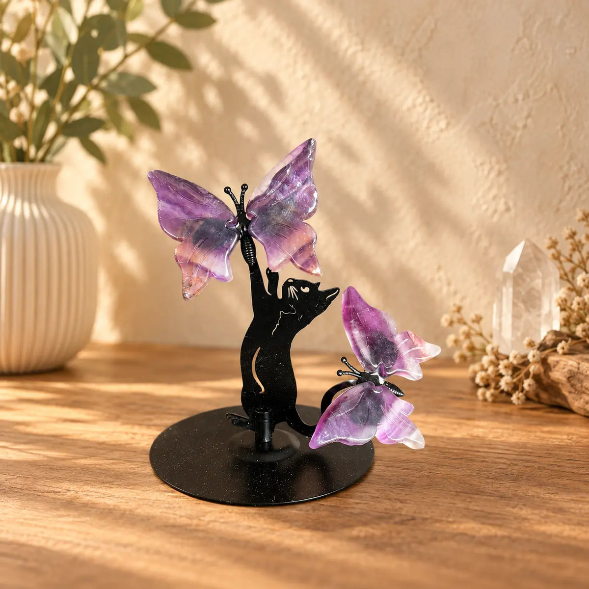 Fluorite Butterfly Crystal Sculpture – Two Butterflies on Cat Stand