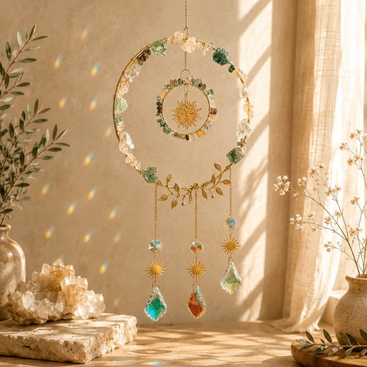 Fluorite Crystal Gem Suncatcher with green gemstones, gold sun charms and hanging crystal prisms