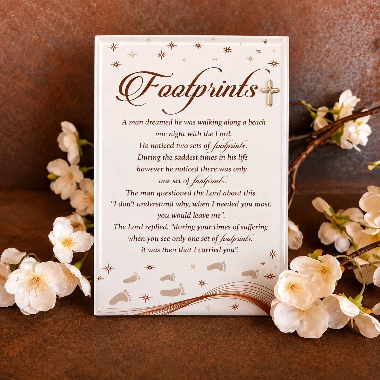 Footprints in the Sand Glass Plaque – A Timeless Symbol of Faith, Comfort & Divine Love