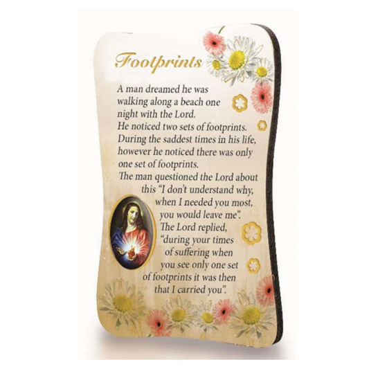 Footprints in the Sand inspirational Christian magnet with floral design and devotional image