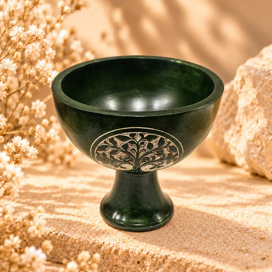 Forest green Tree of Life soapstone charcoal incense burner 10cm for resin incense, grounding and energy cleansing rituals