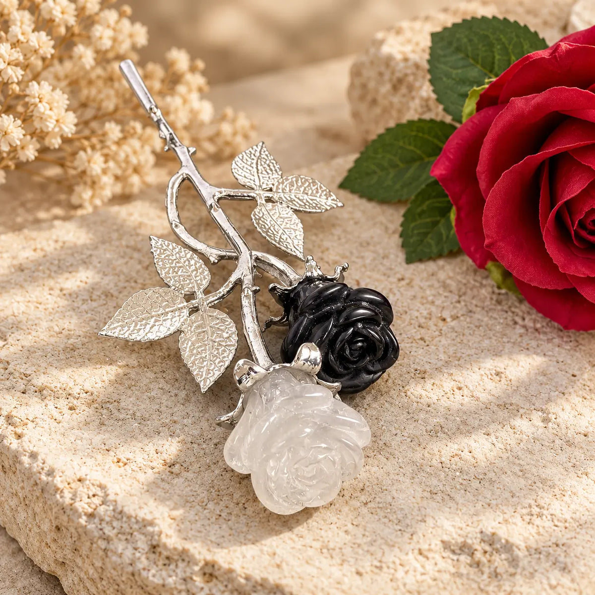 Forever rose crystal stem with black obsidian & clear quartz carved roses, crystal flower gift, Spiritual Gifts