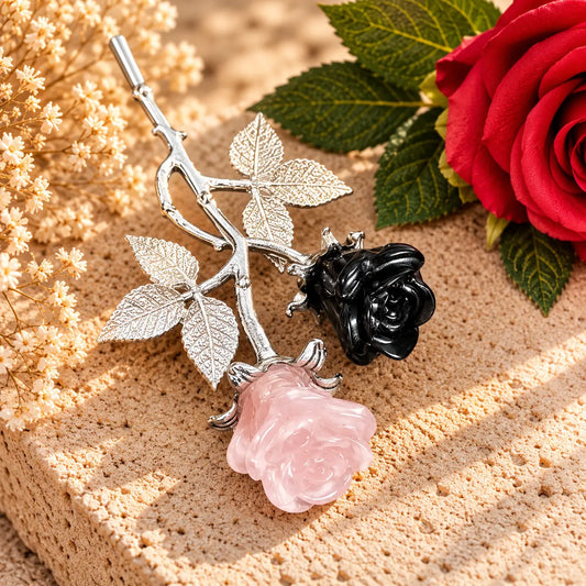 Forever rose crystal stem with black obsidian & rose quartz carved roses, crystal flower gift, Spiritual Gifts