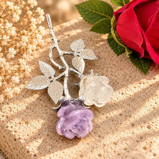 Forever rose crystal stem with clear quartz & lepidolite carved roses, crystal flower gift, Spiritual Gifts
