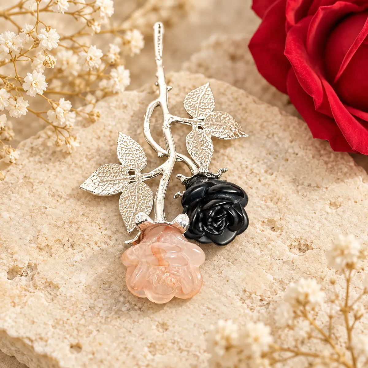 Forever rose crystal stem with fire quartz & black obsidian carved roses, crystal flower gift, Spiritual Gifts