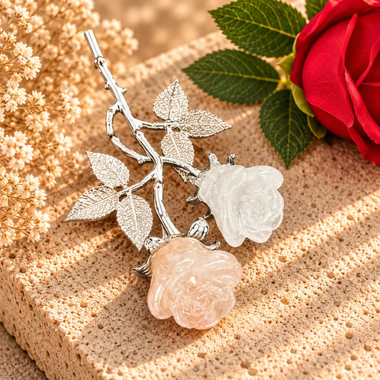 Forever rose crystal stem with fire quartz & clear quartz carved roses, crystal flower gift, Spiritual Gifts