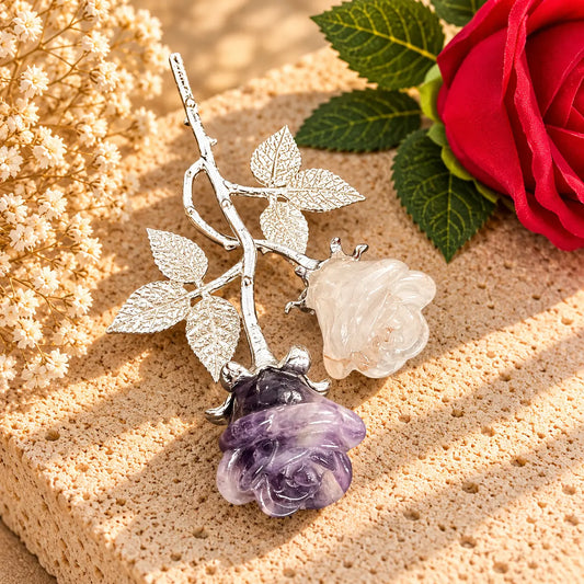 Forever rose crystal stem with fire quartz & dream amethyst carved roses, crystal flower gift, Spiritual Gifts