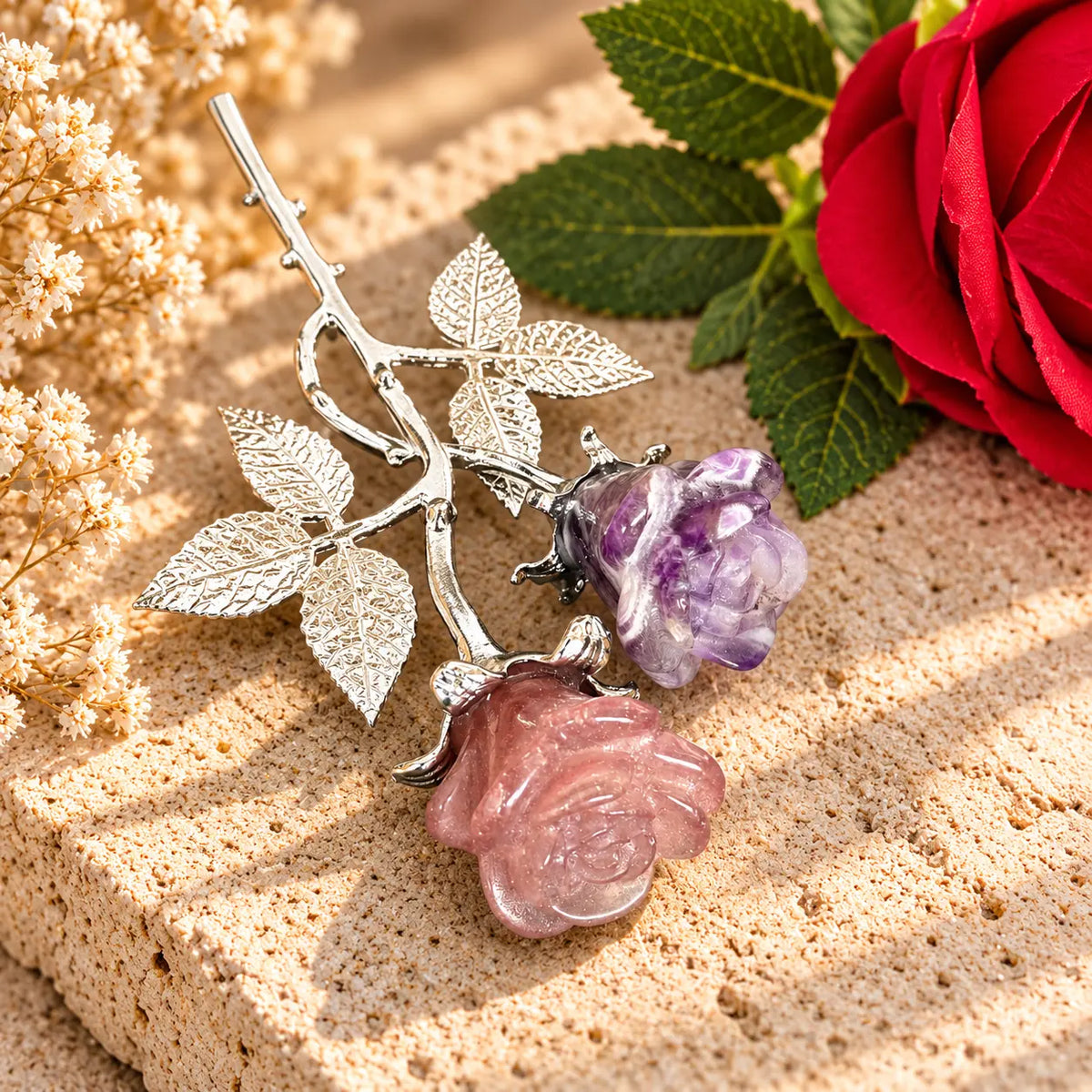 Forever rose crystal stem with strawberry quartz & amethyst carved roses, crystal flower gift, Spiritual Gifts