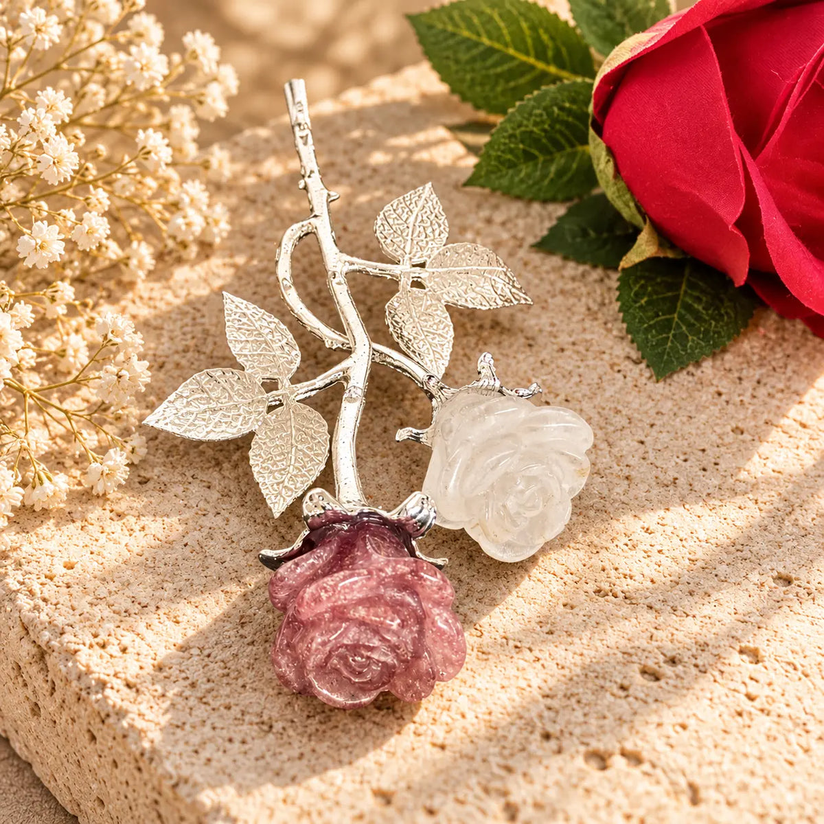 Forever rose crystal stem with strawberry quartz & clear quartz carved roses, crystal flower gift, Spiritual Gifts