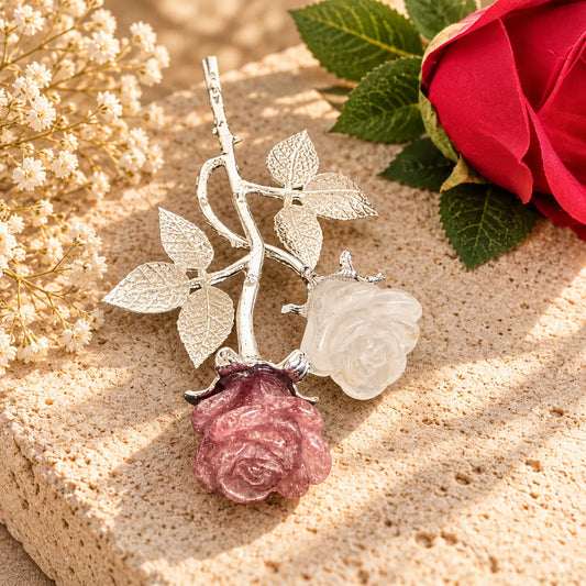 Forever rose crystal stem with strawberry quartz & clear quartz carved roses, crystal flower gift, Spiritual Gifts