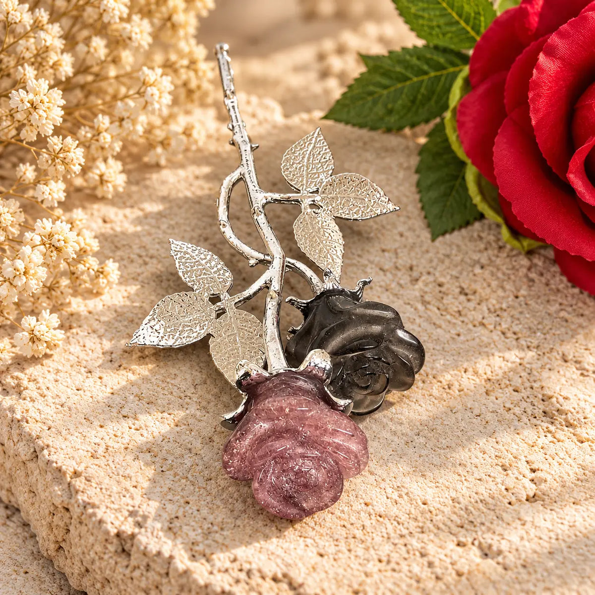 Forever rose crystal stem with strawberry quartz & smoky quartz carved roses, crystal flower gift, Spiritual Gifts