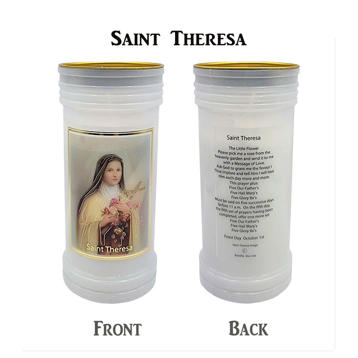 A devotional candle with an image of St. Theresa of Lisieux on the front and text on the back, indicating the saint's name and a brief biography.