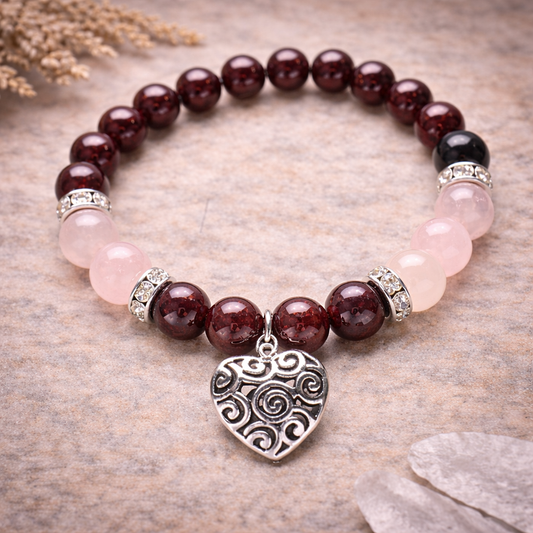 Garnet & Rose Quartz Spiritual Bracelet 8mm – Love, Courage & Healing Heart Charm