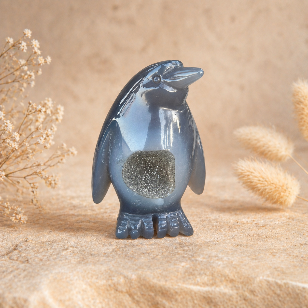 Geode Agate Crystal Penguin Carving for emotional healing, grief support, spiritual protection, grounding energy, and inner peace