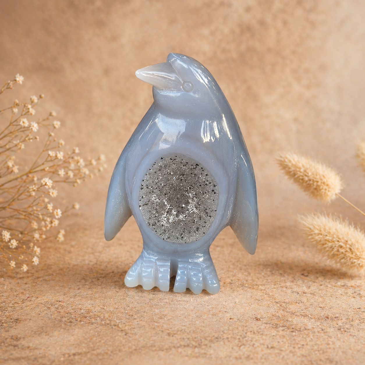 Geode Agate Crystal Penguin Carving for emotional healing, grief support, spiritual protection, grounding energy, and inner peace