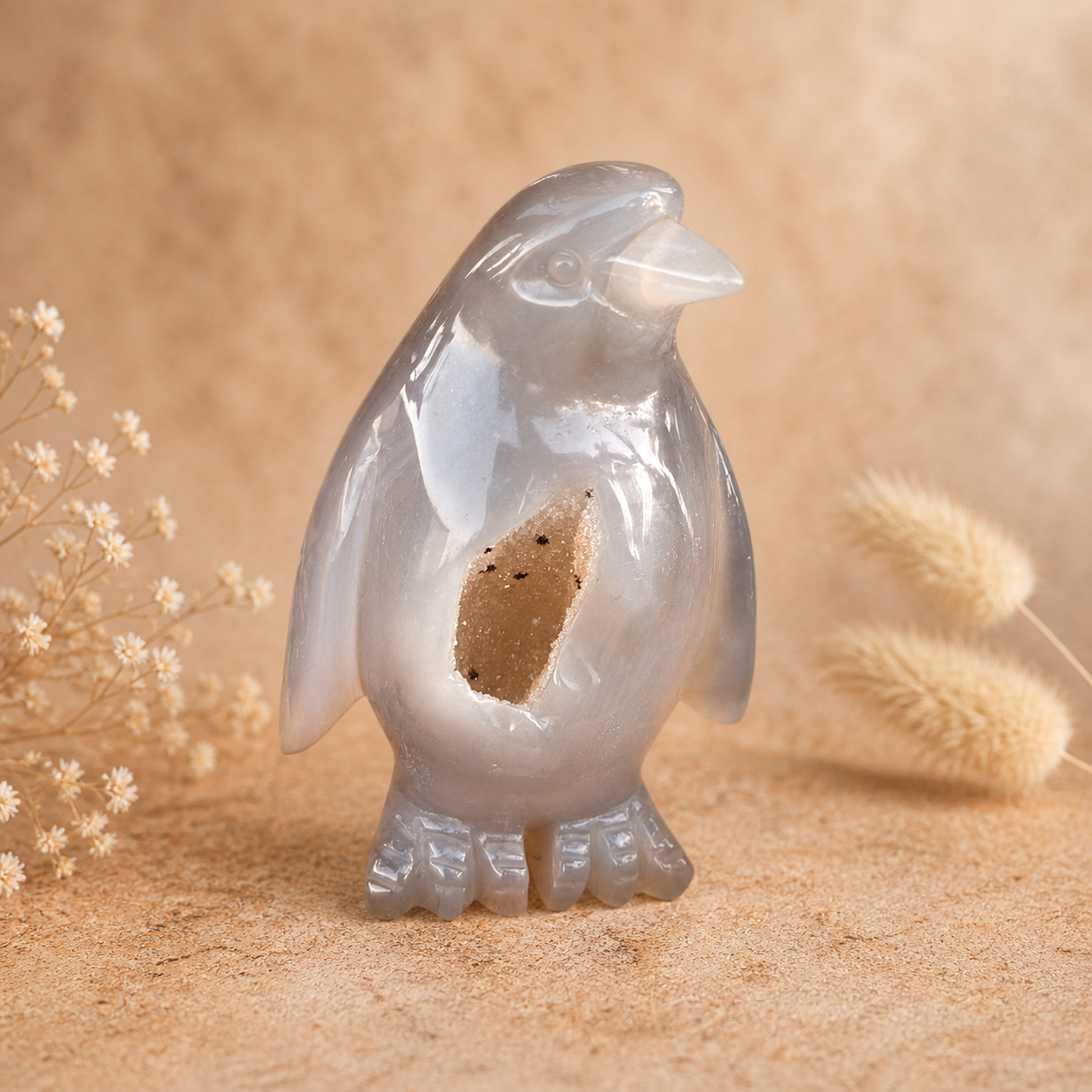 Geode Agate Crystal Penguin Carving for emotional healing, grief support, spiritual protection, grounding energy, and inner peace