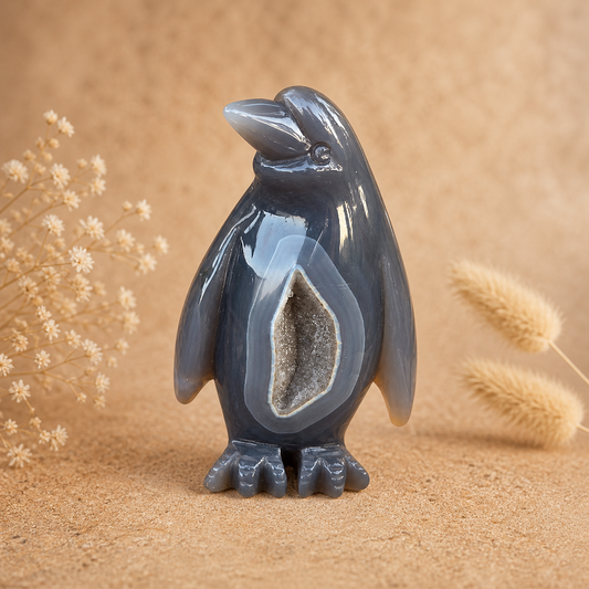 Agate Crystal Penguin Geode Carving 360g with natural sparkling geode centre and hand-carved penguin form