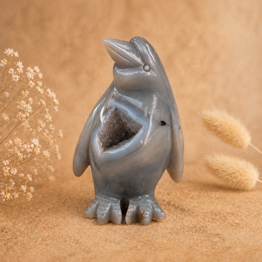 Agate Crystal Penguin Geode Carving 396g with natural sparkling geode centre and hand-carved penguin form