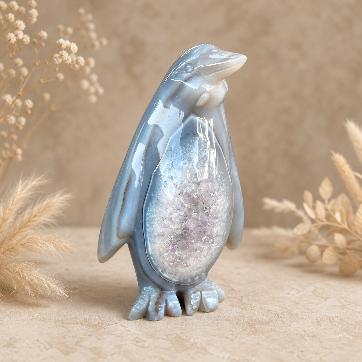 Geode Agate Crystal Penguin Carving for emotional healing, grief support, spiritual protection, grounding energy, and inner peace