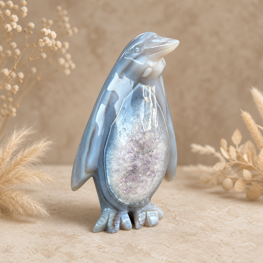 Agate Crystal Penguin Geode Carving 532g with natural sparkling geode centre and hand-carved penguin form