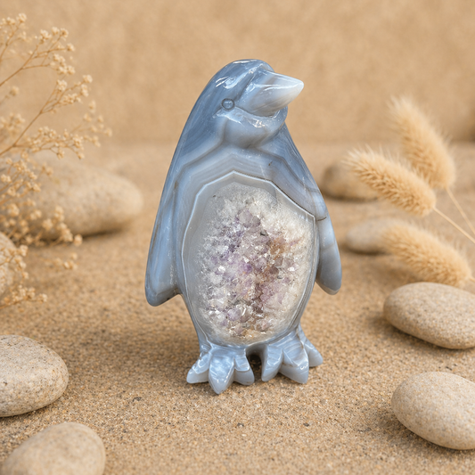 Agate Crystal Penguin Geode Carving 584g with natural sparkling geode centre and hand-carved penguin form