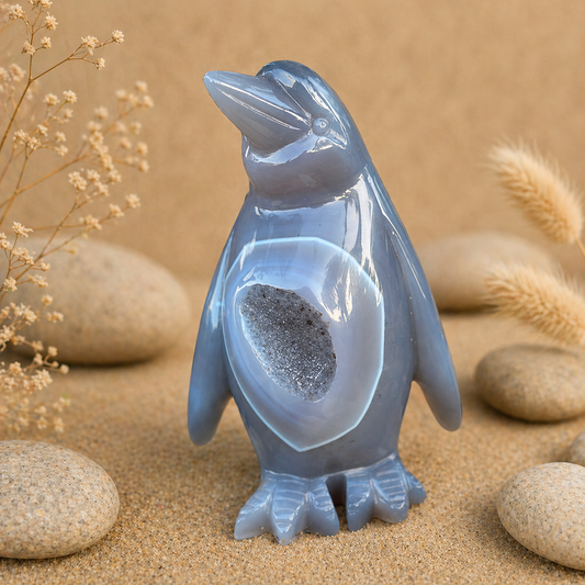 Agate Crystal Penguin Geode Carving 605g with natural sparkling geode centre and hand-carved penguin form